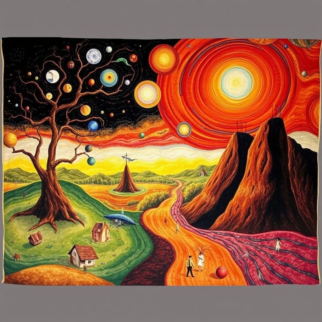 Woven Tapestry Surrealism Dali Bosch Fever Dream Magical Bizarre Landscape