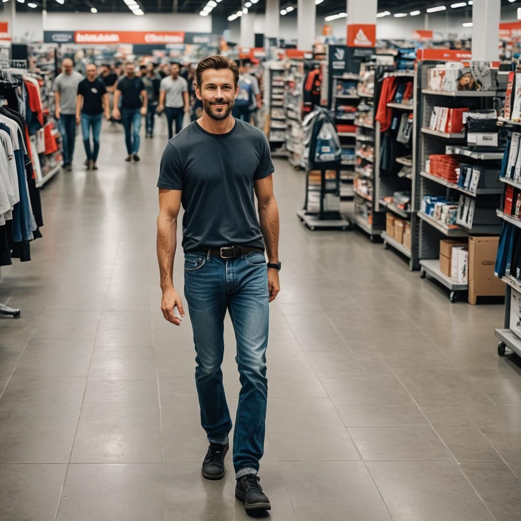 A very good looking man no beard and no moustache in a jeans and a tshirt walking in a megastore