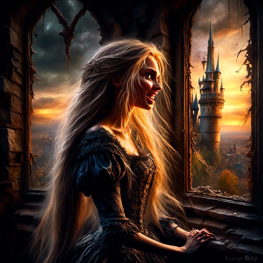 Rapunzel is crazy and screams from the tower.