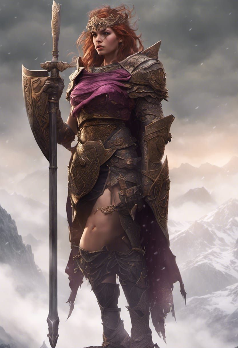 Celtic Warrior Princess in Misty Landscape, Dark Fantasy Art