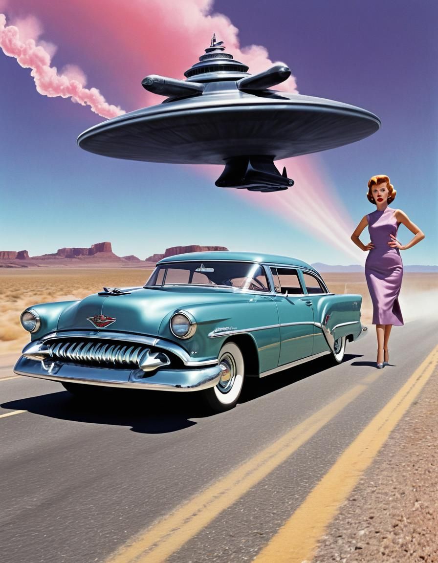 Retro Sci-Fi Car Chase in 1950s Poster Style
