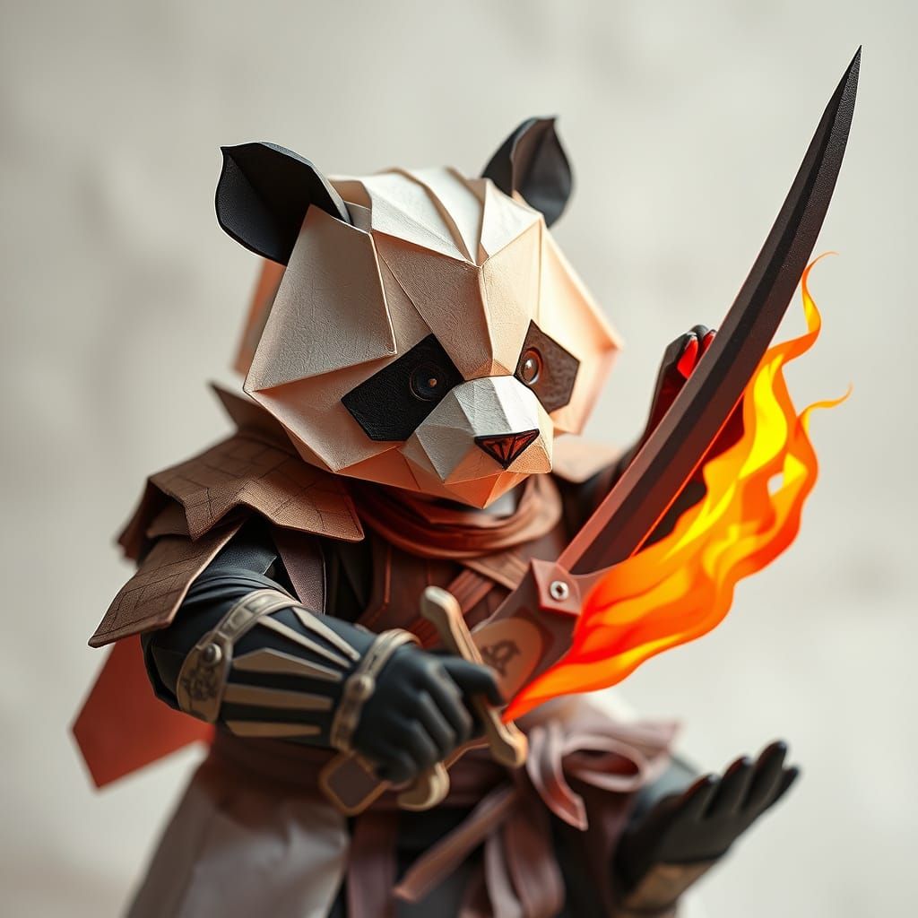 Panda Warrior in Whimsical Papercraft Armor