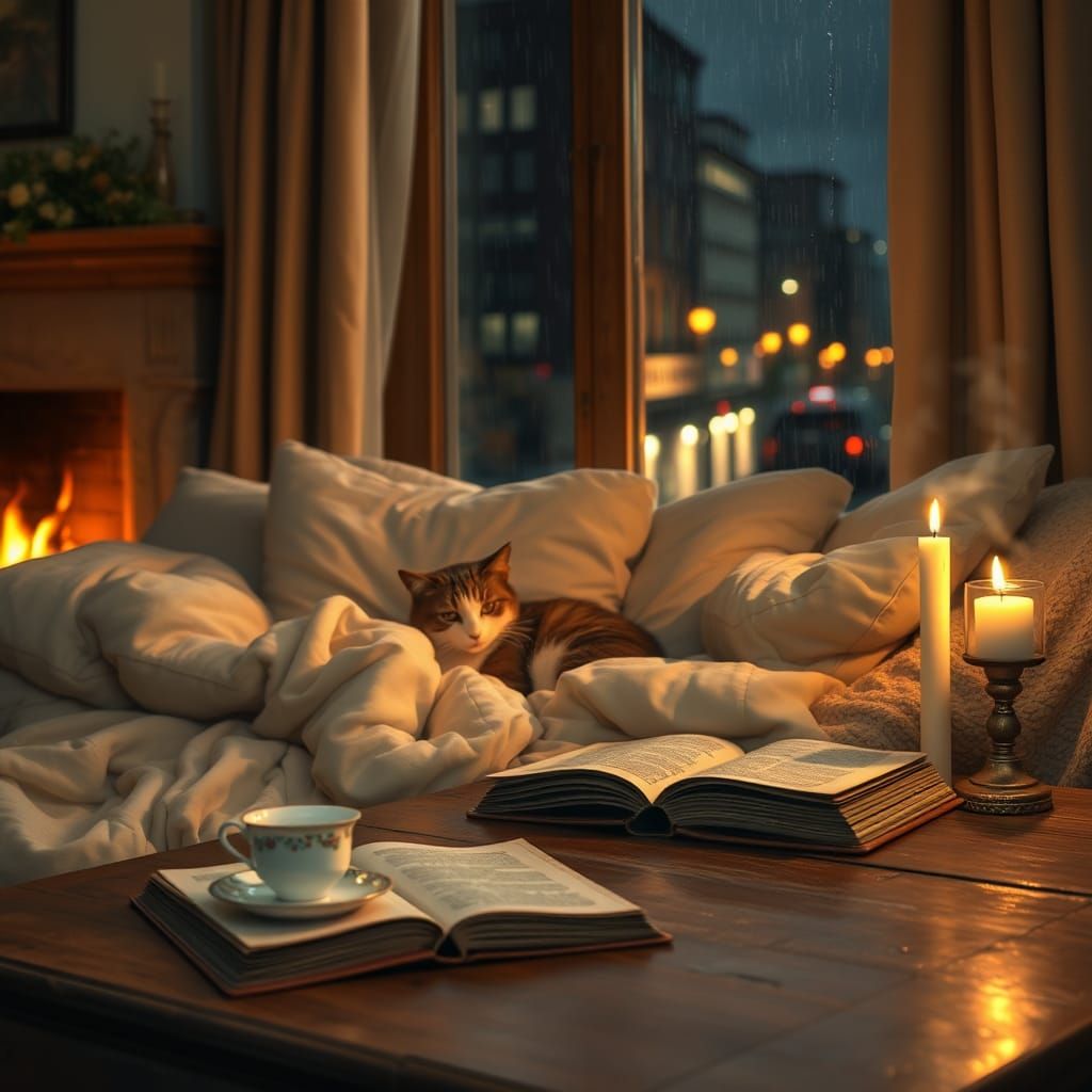 Cozy Living Room with Fireplace in Soft Realism