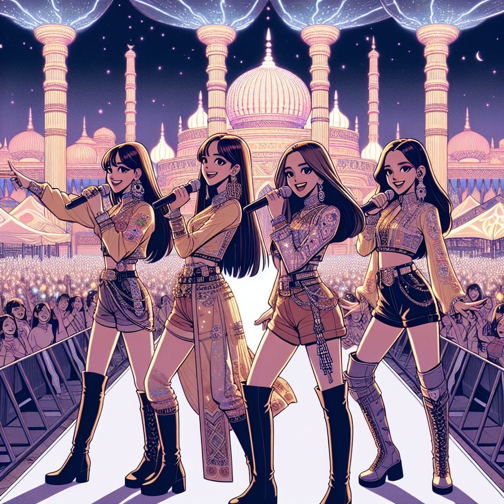 Pop Group Performance: Japanese Animation Style Digital Art