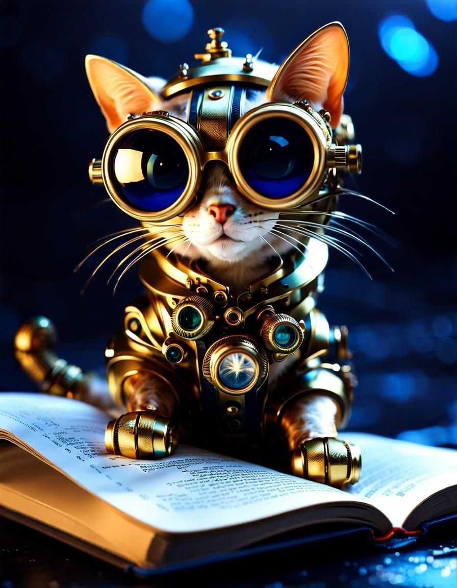 Steampunk Cat with Golden Code Rain