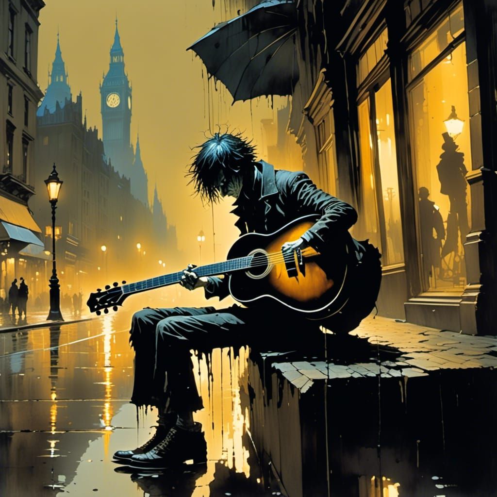 Guitar Player Under Streetlamp in Dystopian Cityscape