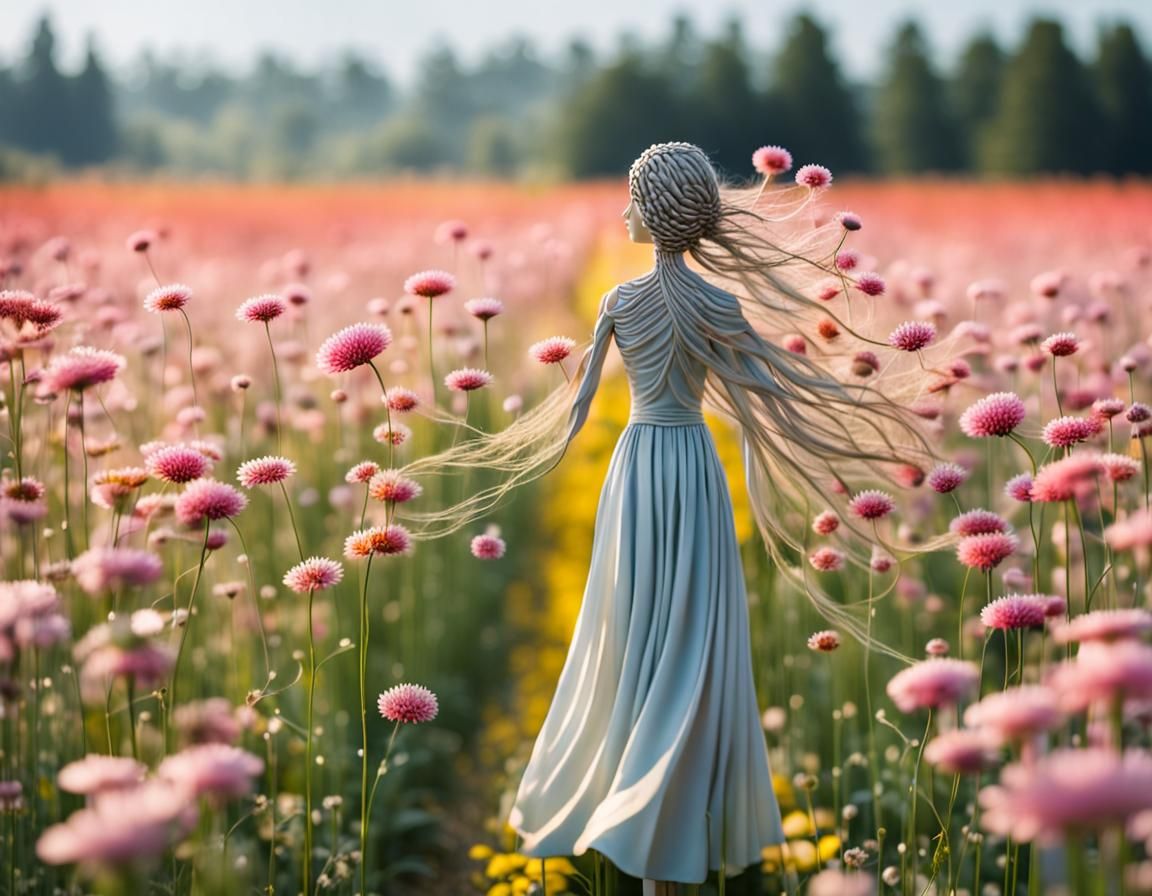 Delicate Flower-Woman Figure in a Breeze