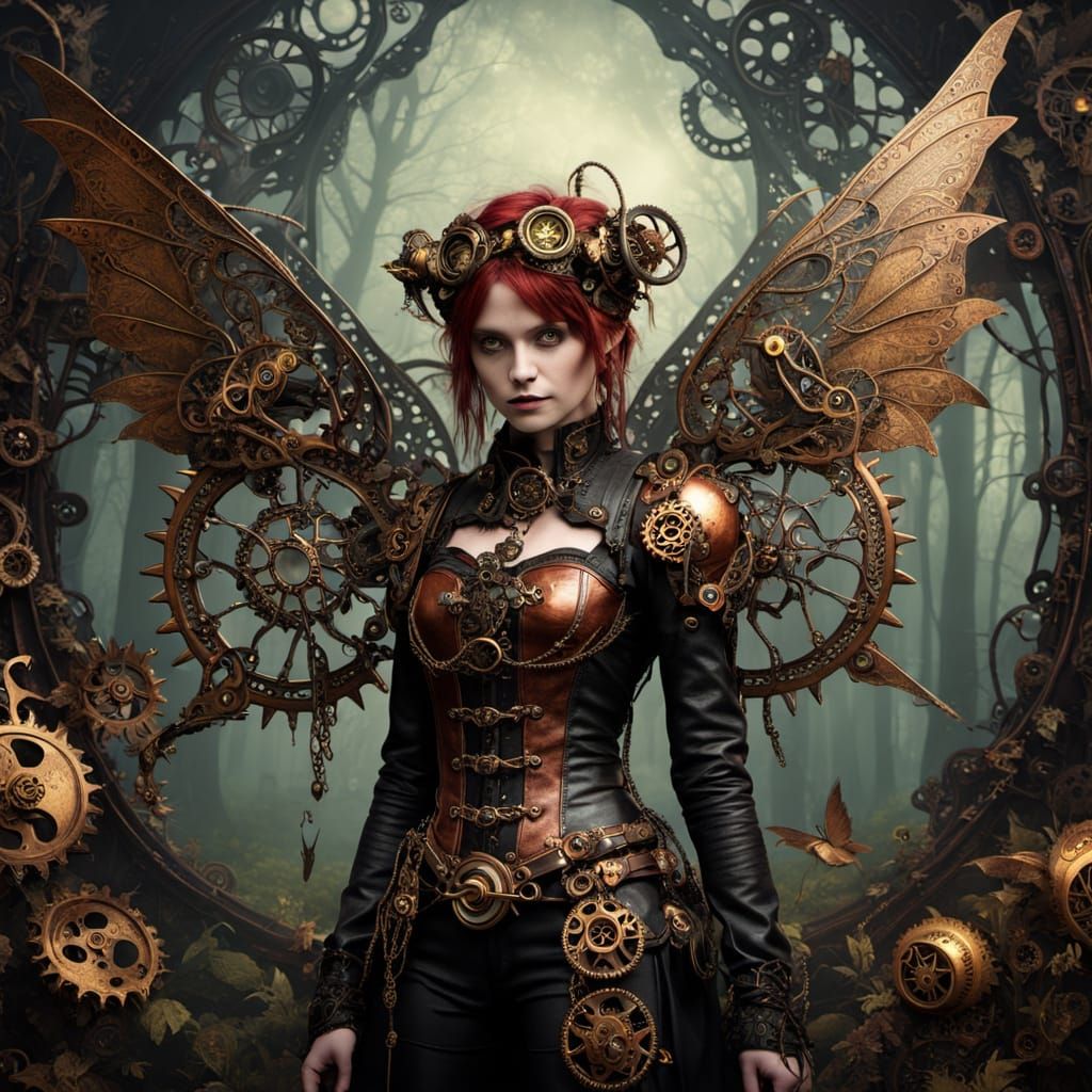 Gothic Steampunk Fairies in Misty Forest