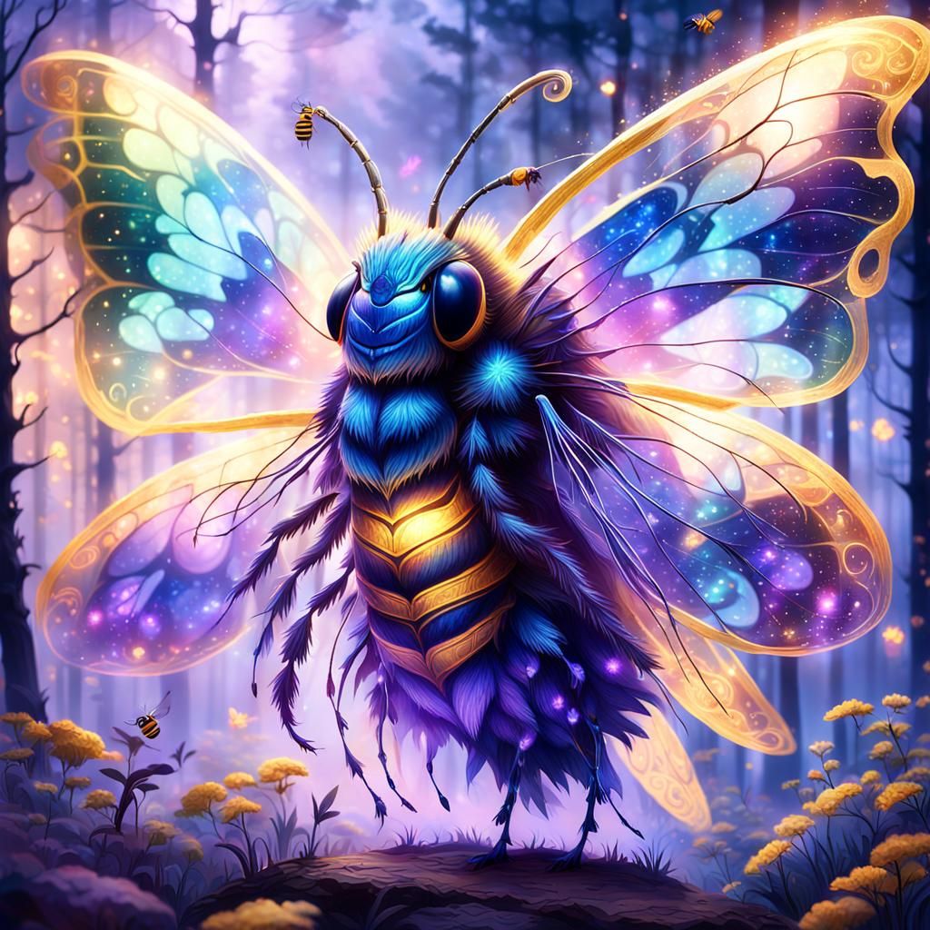 Ethereal Iridescent Being in Misty Forest