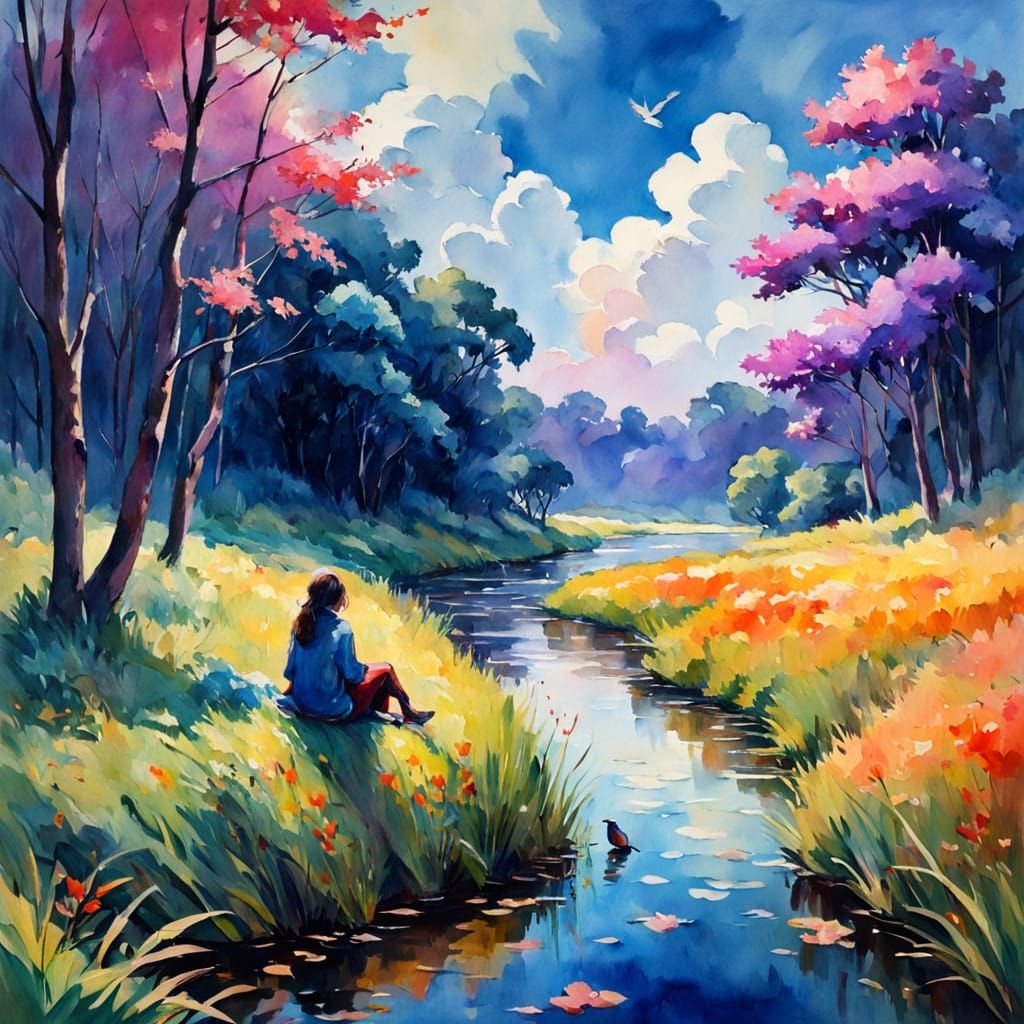 Whimsical Watercolor Scene of a Girl by a River