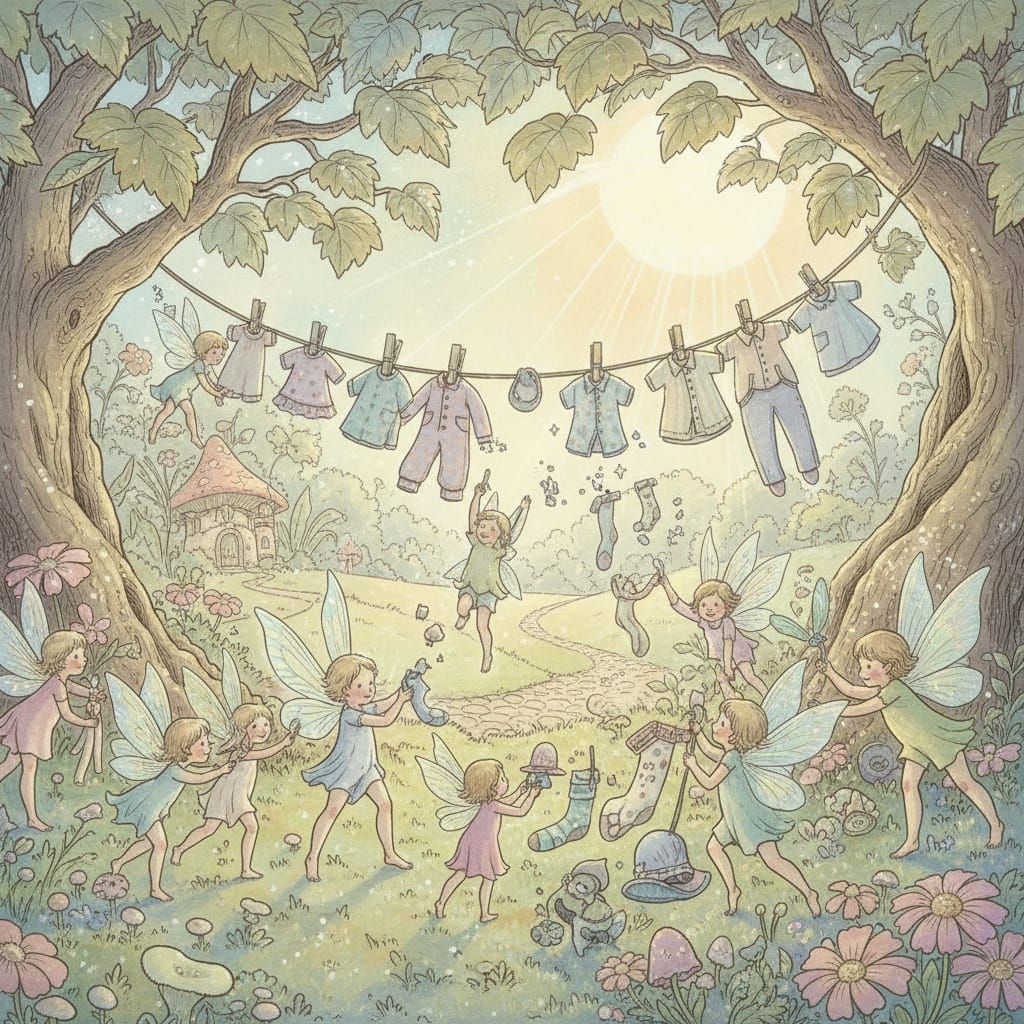 Whimsical Fairies Hang Laundry in Sunlit Storybook Style
