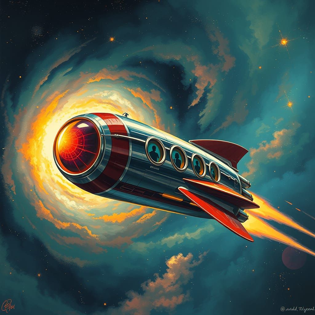 Retro-Futuristic Rocket Soars Through Cosmic Nebula