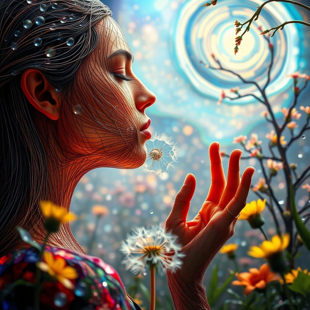 String Woman Kissing Garden in Surreal Style