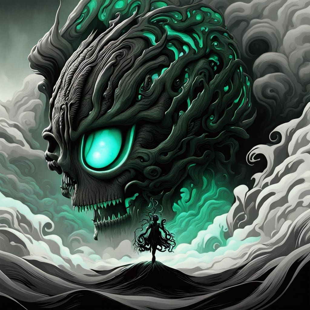 Ethereal Biomechanical Eye in Dark, Swirling Vortex