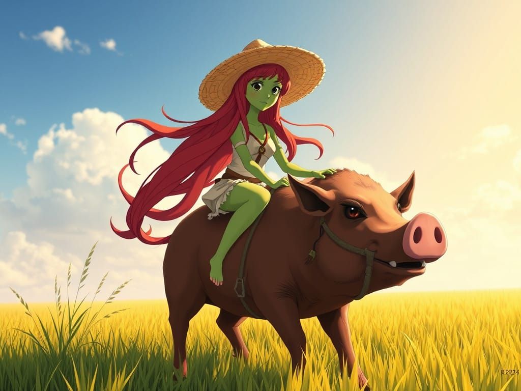Anime Alien Rider on a Razorback Hog in a Sunny Field