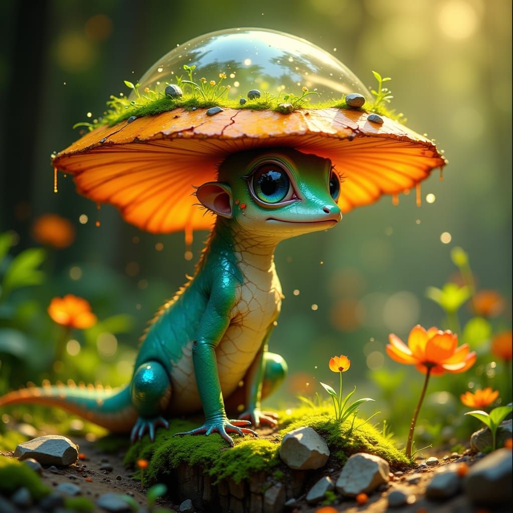 Enchanted Salamander with Mushroom Cap in Mystical Forest
