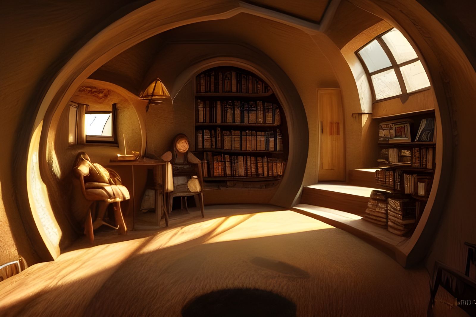 Cozy Hobbit Hole Library Interior in Steampunk Style