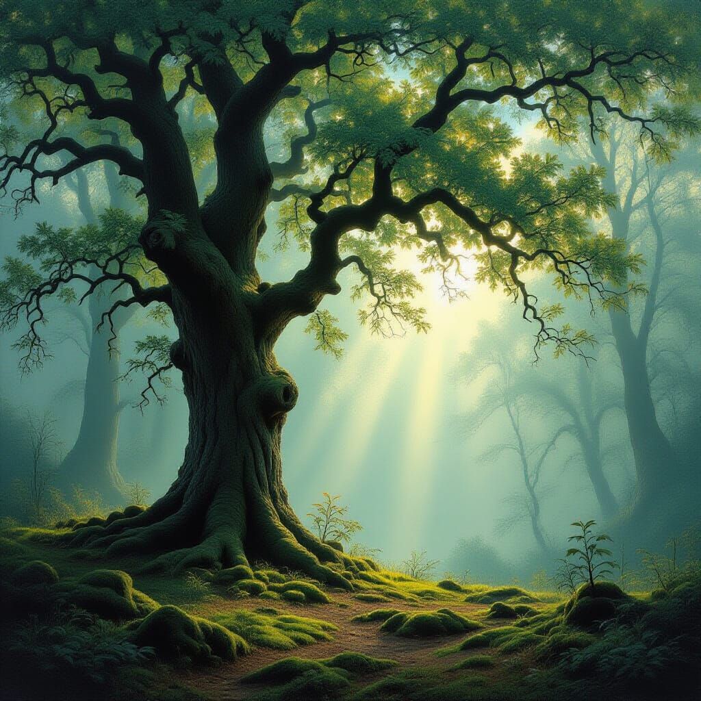 Ancient Oak in Misty Forest Clearing