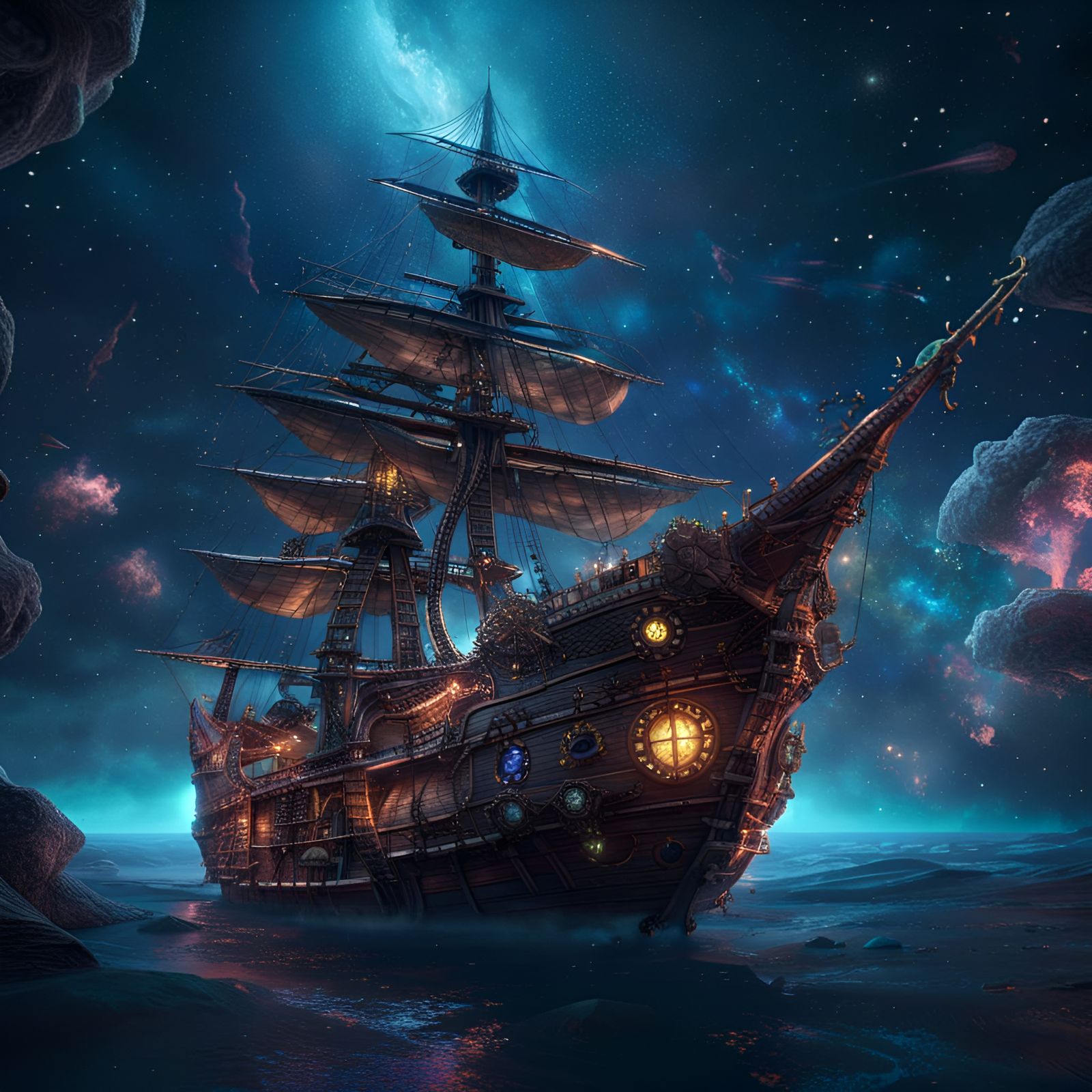 Pirate Ship Soaring Through the Galaxy