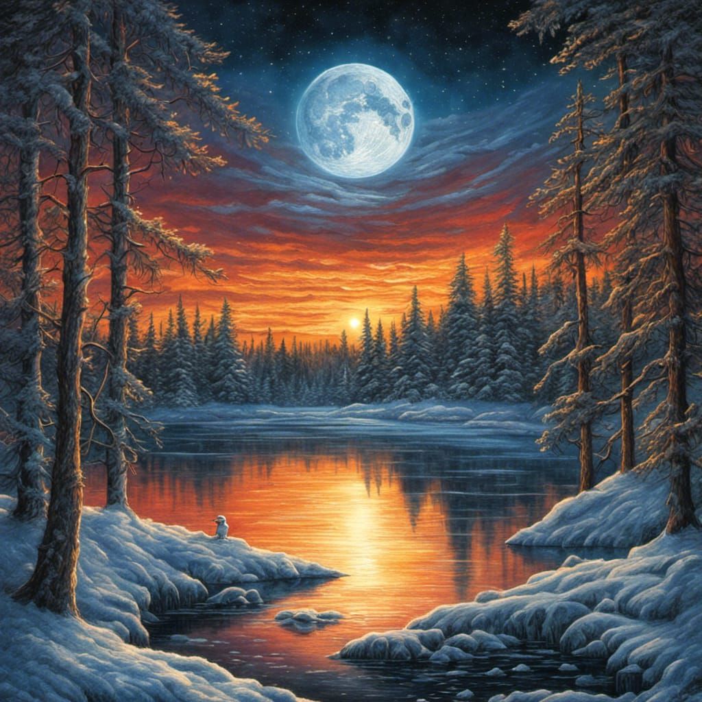 Winter Lake Scene with Bonfire, Colored Pencil Style