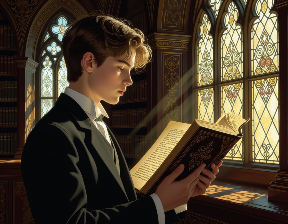 Teenager Gazes at Necronomicon in Dramatic Light