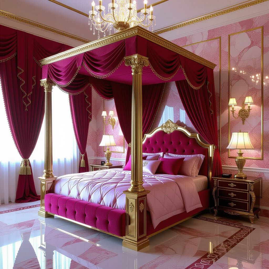 Lavish Bedroom with Velvet Bed and Marble Walls