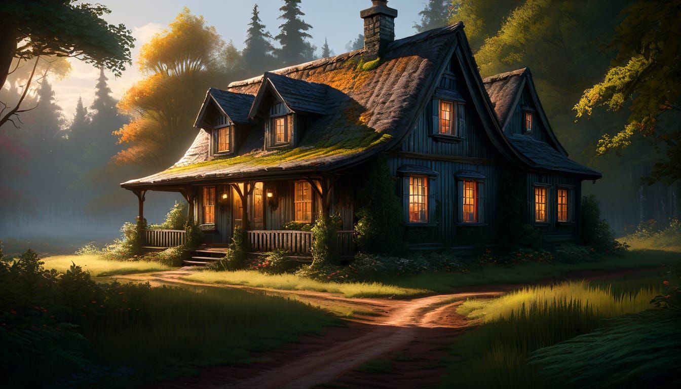 Majestic Forest Cottage Oil Painting with Dramatic Lighting