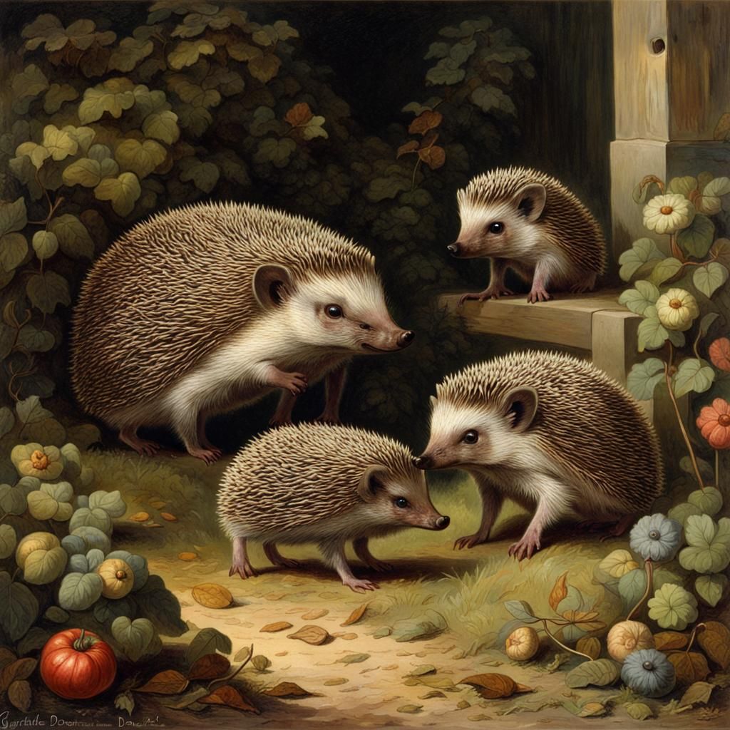 Hedgehog Family in Garden: Horror Art