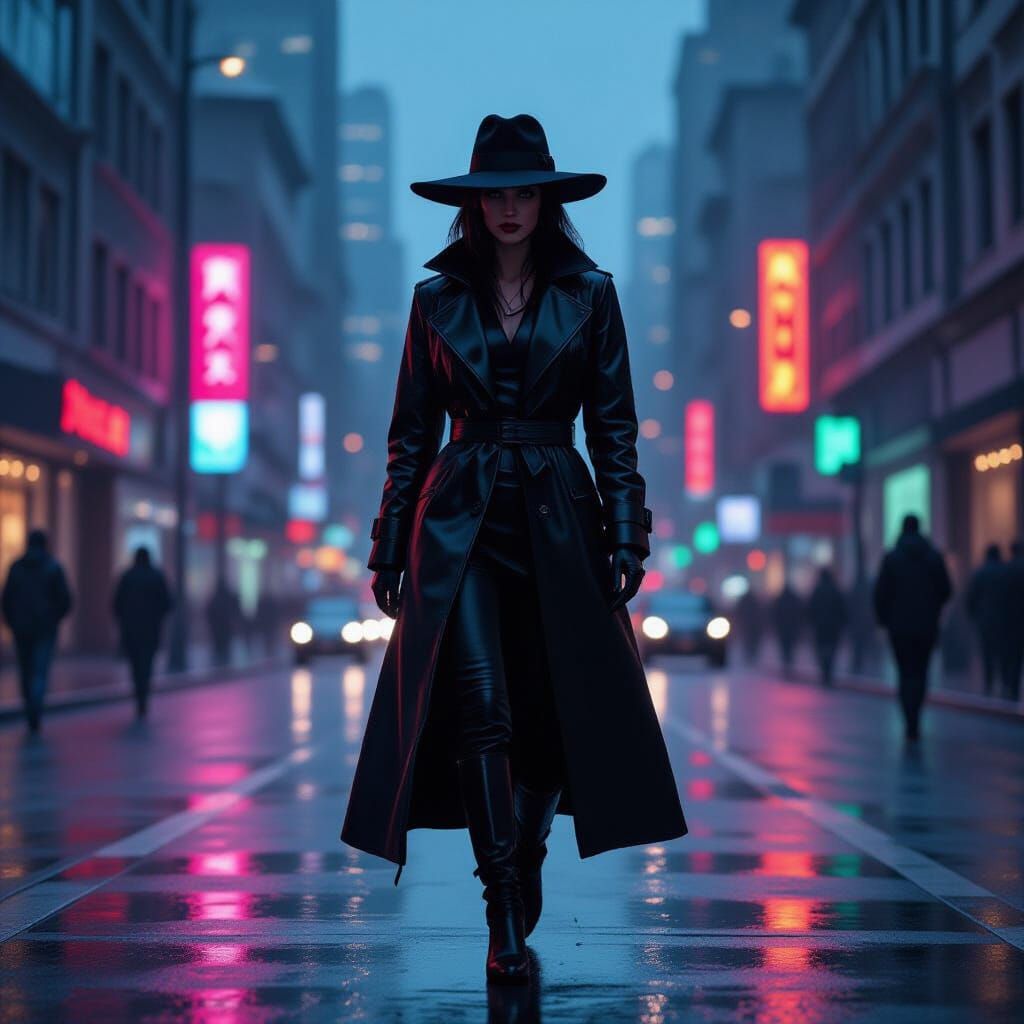 Squid Woman Walks Through Cyberpunk City At Dusk