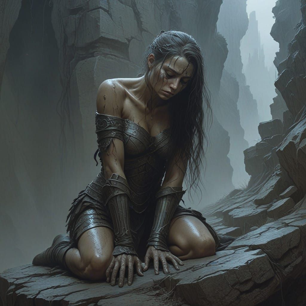 Defeated Warrior Woman in Dark Fantasy Style