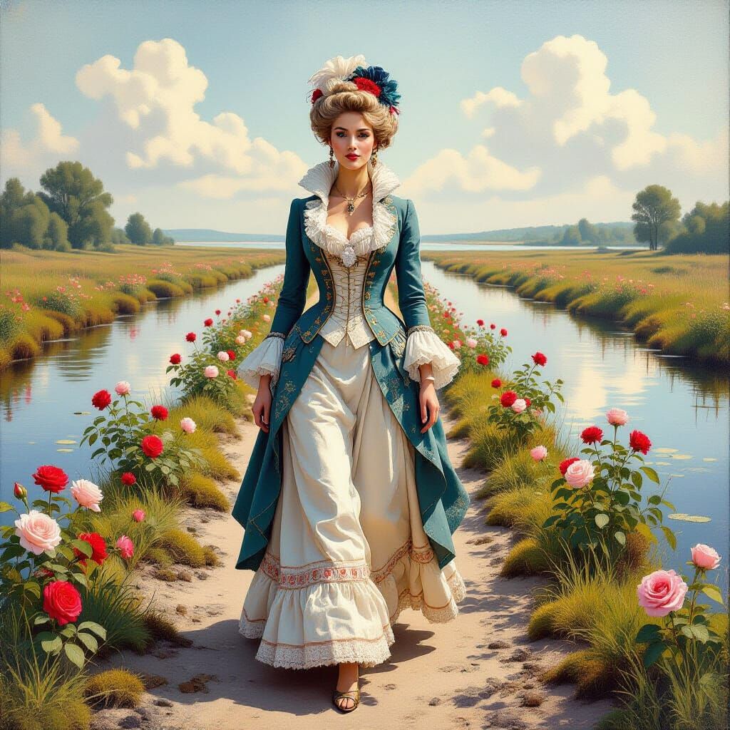 18th Century Fashionista in Dreamy Gouache Landscape
