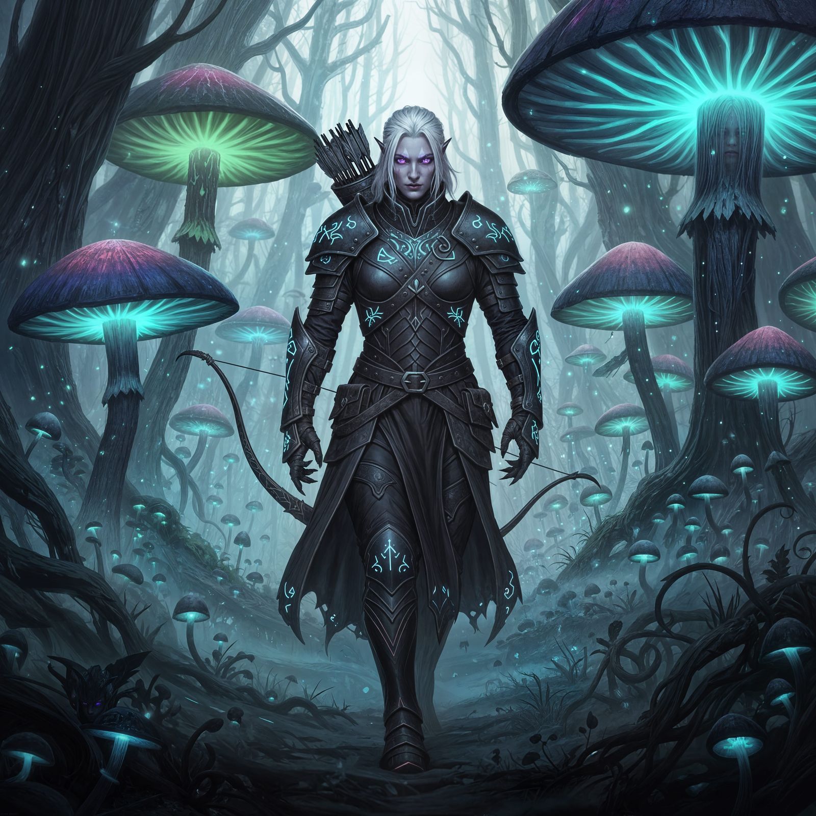 Albino Drow Hunter in Bioluminescent Forest