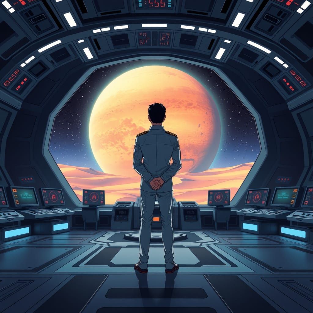 Space Captain Contemplates Dune Landscape in Anime-Inspired ...