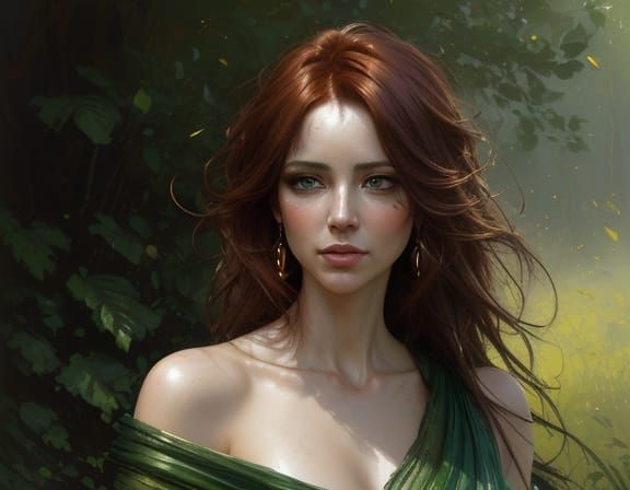 Sensual Fantasy Woman in Vibrant Landscape, Thick Impasto Br...