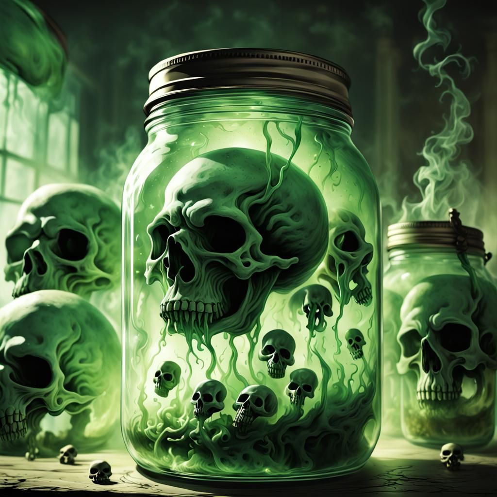 Gothic Horror Scene: Swirling Green Gas and Eerie Skulls