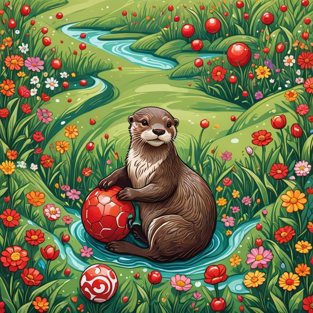 Playful Otter with Ball in Spring Wonderland