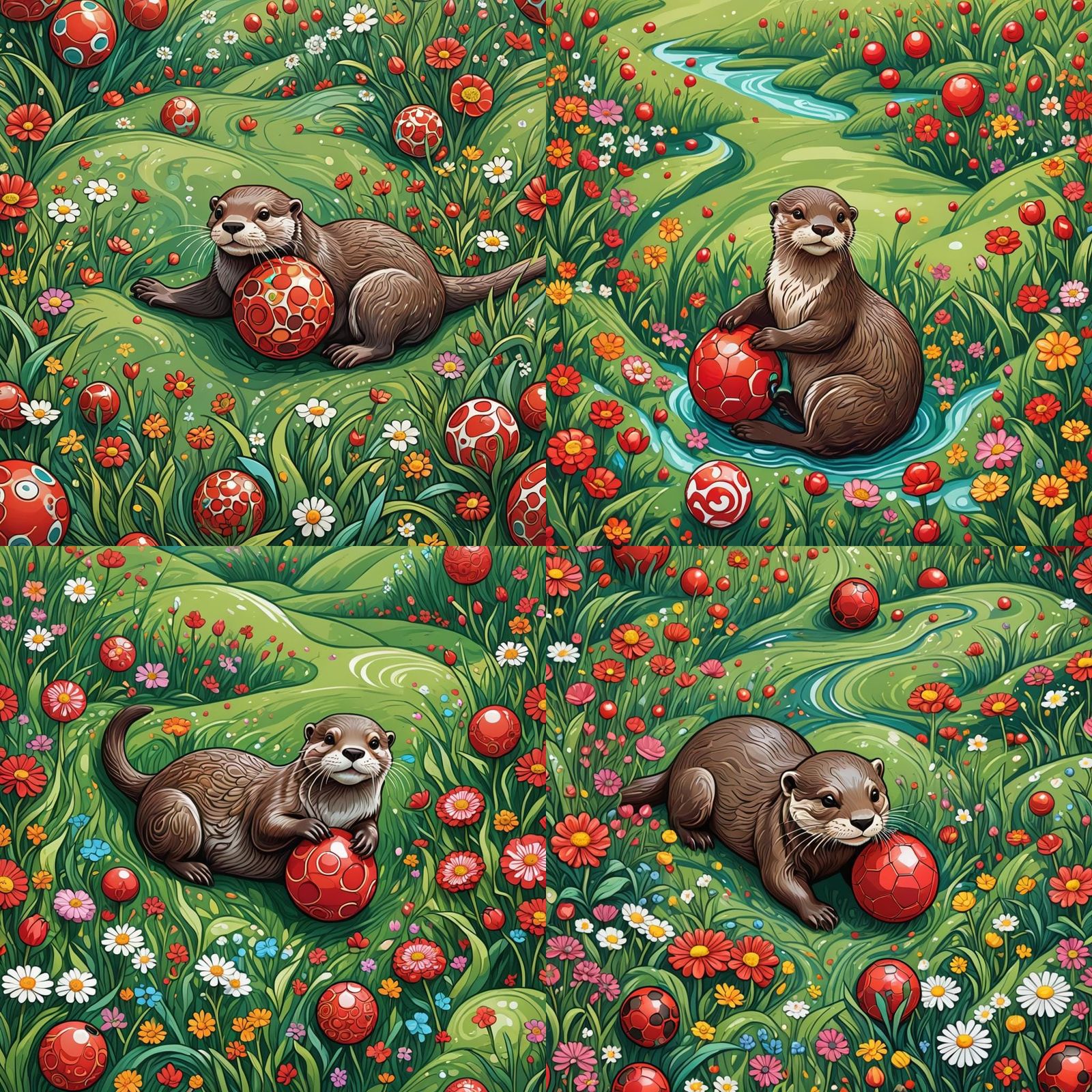 Playful Otter in Spring Landscape, Gouache Illustration