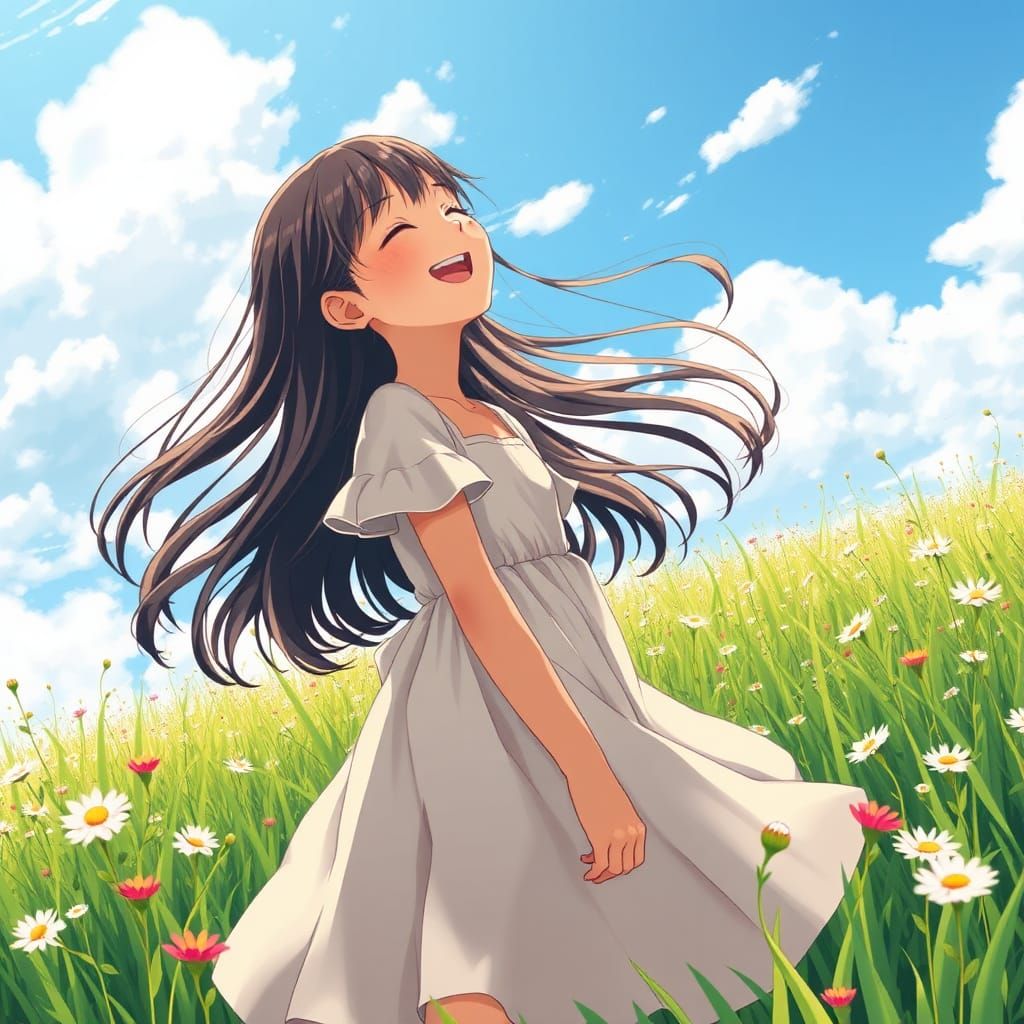 Joyful Girl in Field, Anime Style Illustration