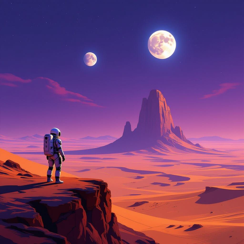 Explorer Overlooks Alien Desert With Ancient Ruins Under Two...