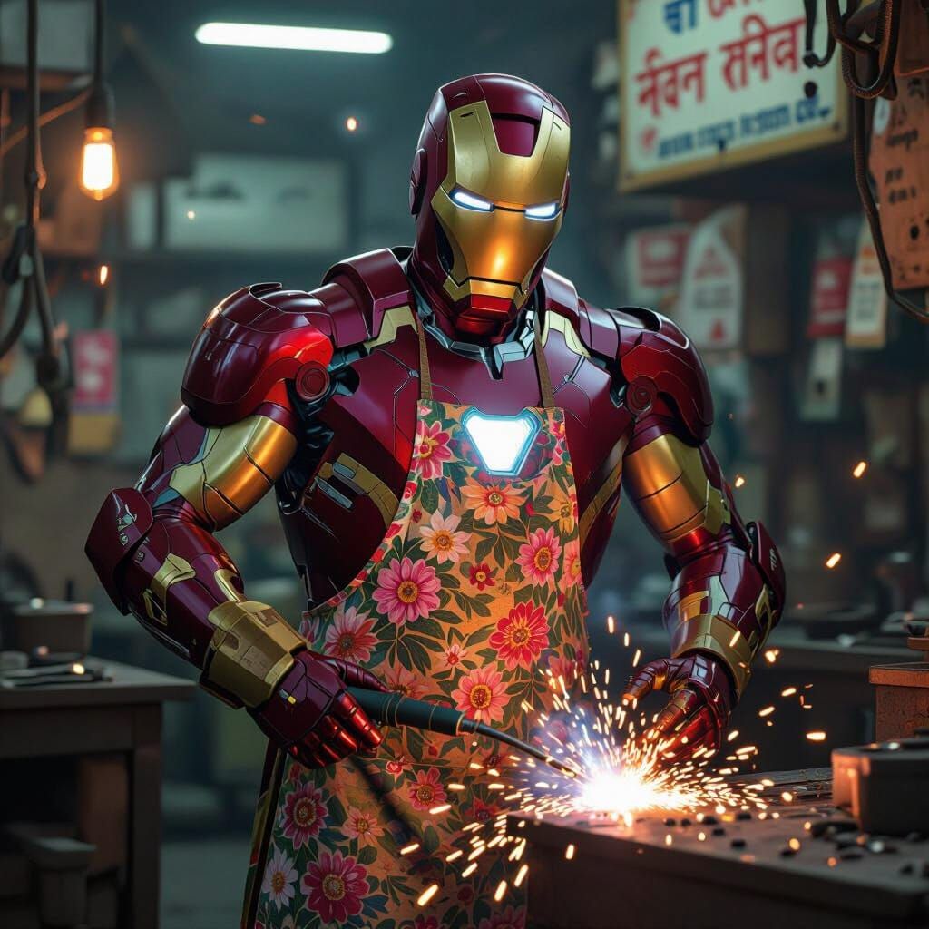 Iron Man Welding in Indian Shop: Photorealistic Style