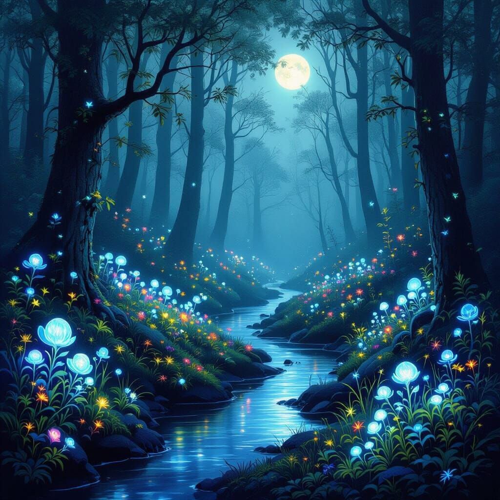 Dreamlike Forest with Bioluminescent Flora and Surrealism