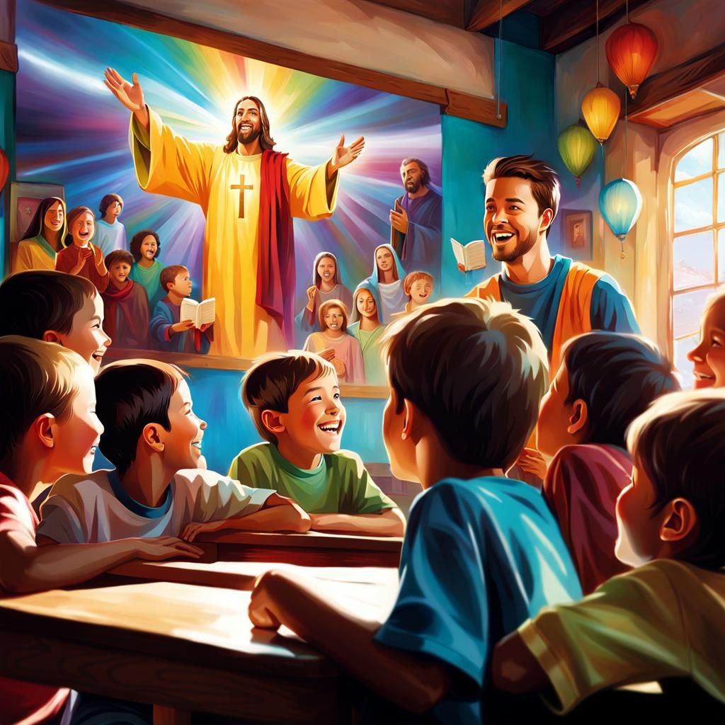 Cheerful Teacher With Church Kids, Detailed Digital Art