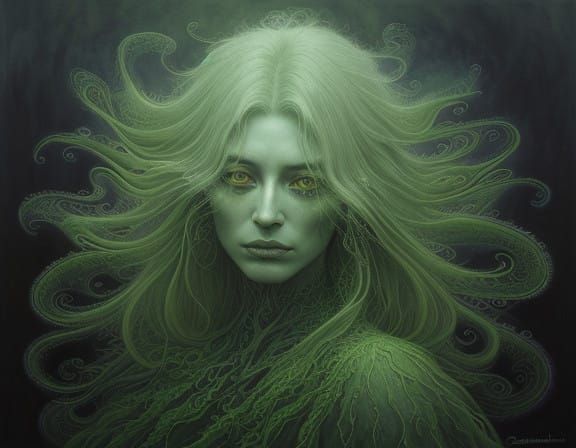 Mystical Chartreuse Witch in Dreamlike Watercolor