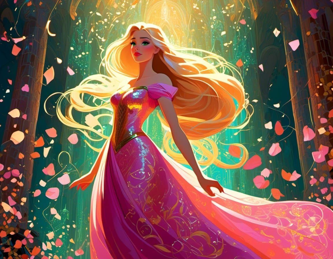 Rapunzel in Pink Dress in Tower Scene