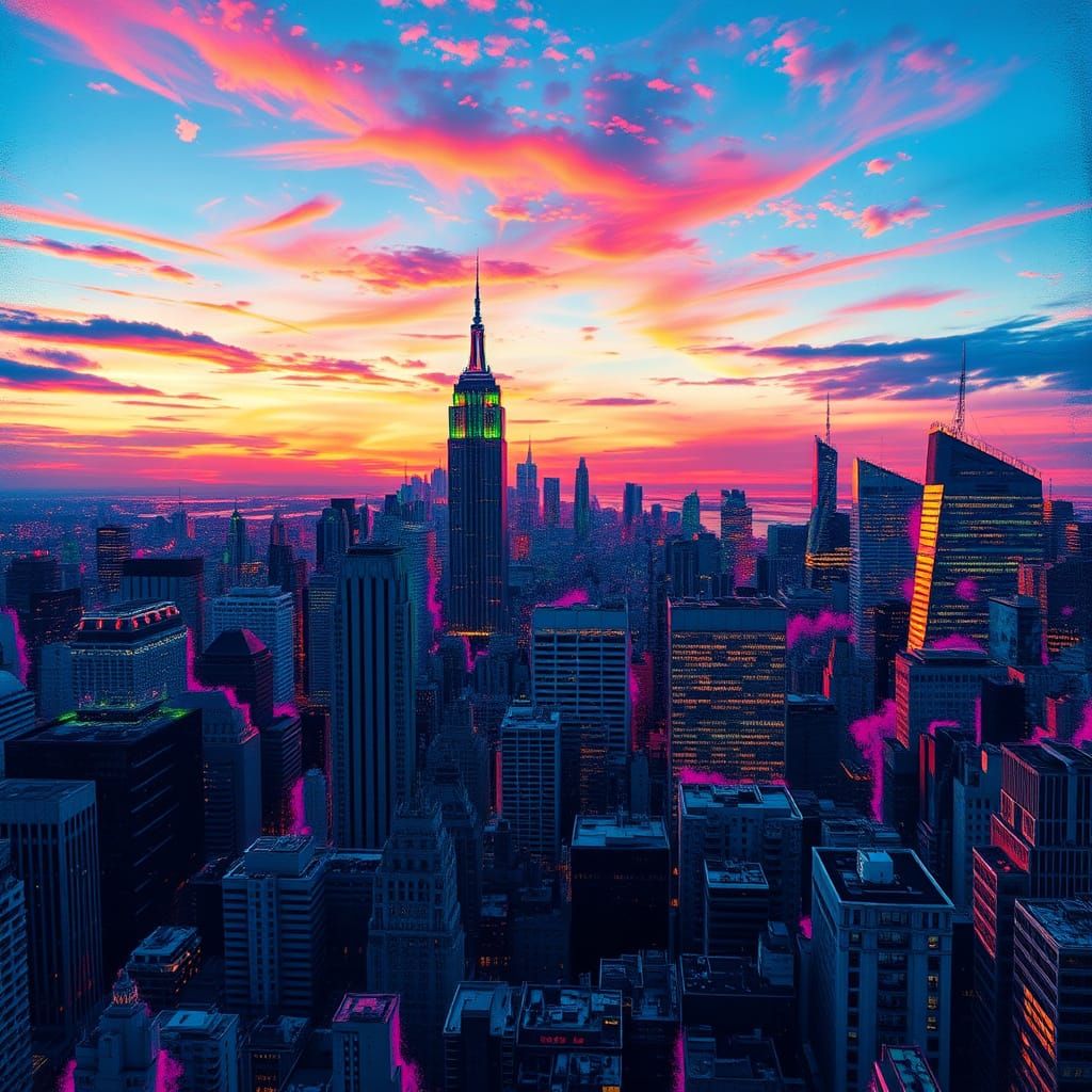 Vibrant New York City Skyline at Dusk in Futuristic Digital ...