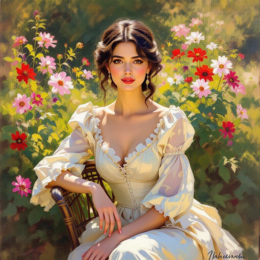 Elegant Woman in Garden, Impressionistic Oil Painting