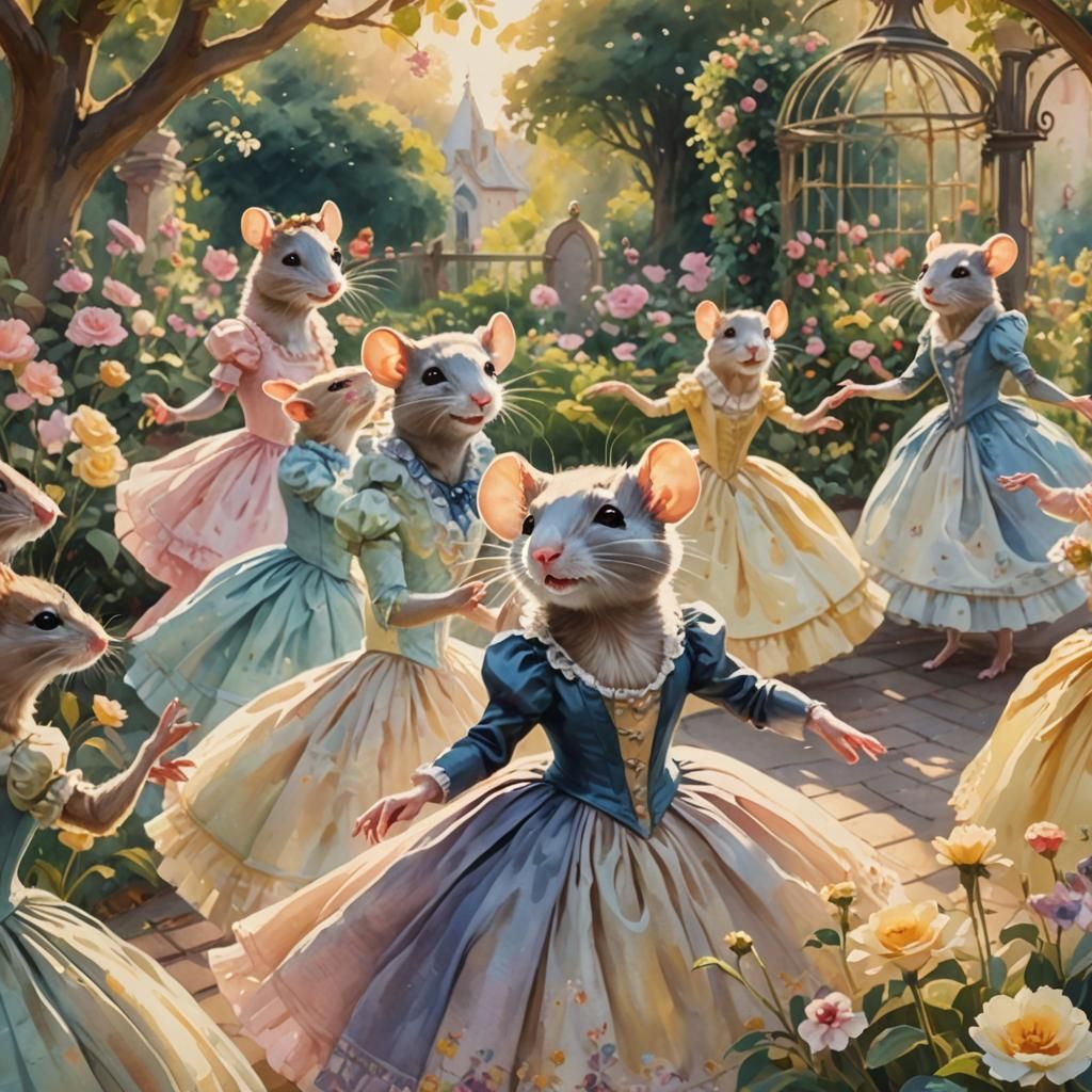 Dancing Rats in Victorian Garden, Watercolor Artwork
