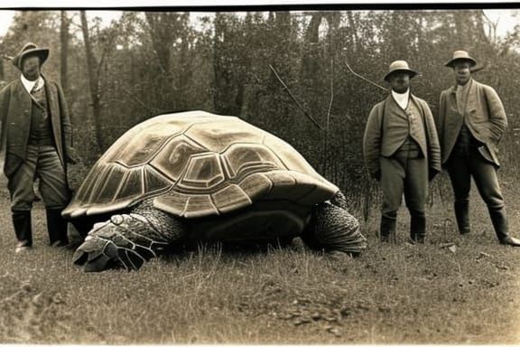 Victorian Hunters with Giant Turtle, Sepia Photo