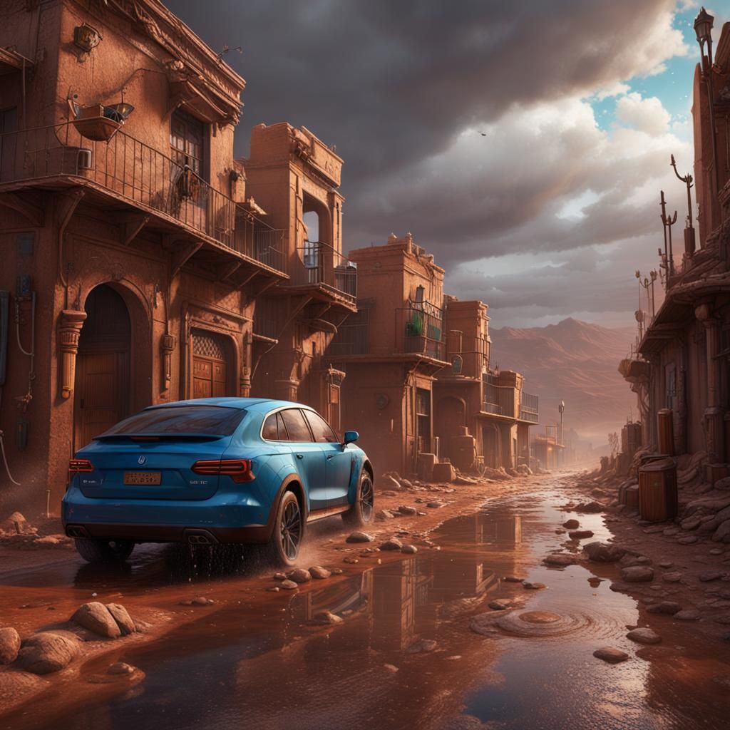Desert Street in Rain: Detailed Matte Painting