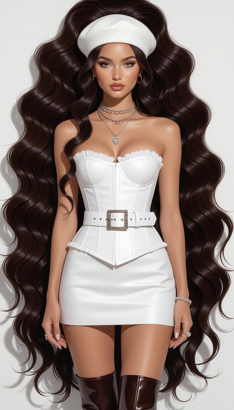 Chic Fashion Portrait White Corset Mini Skirt Beret Boots